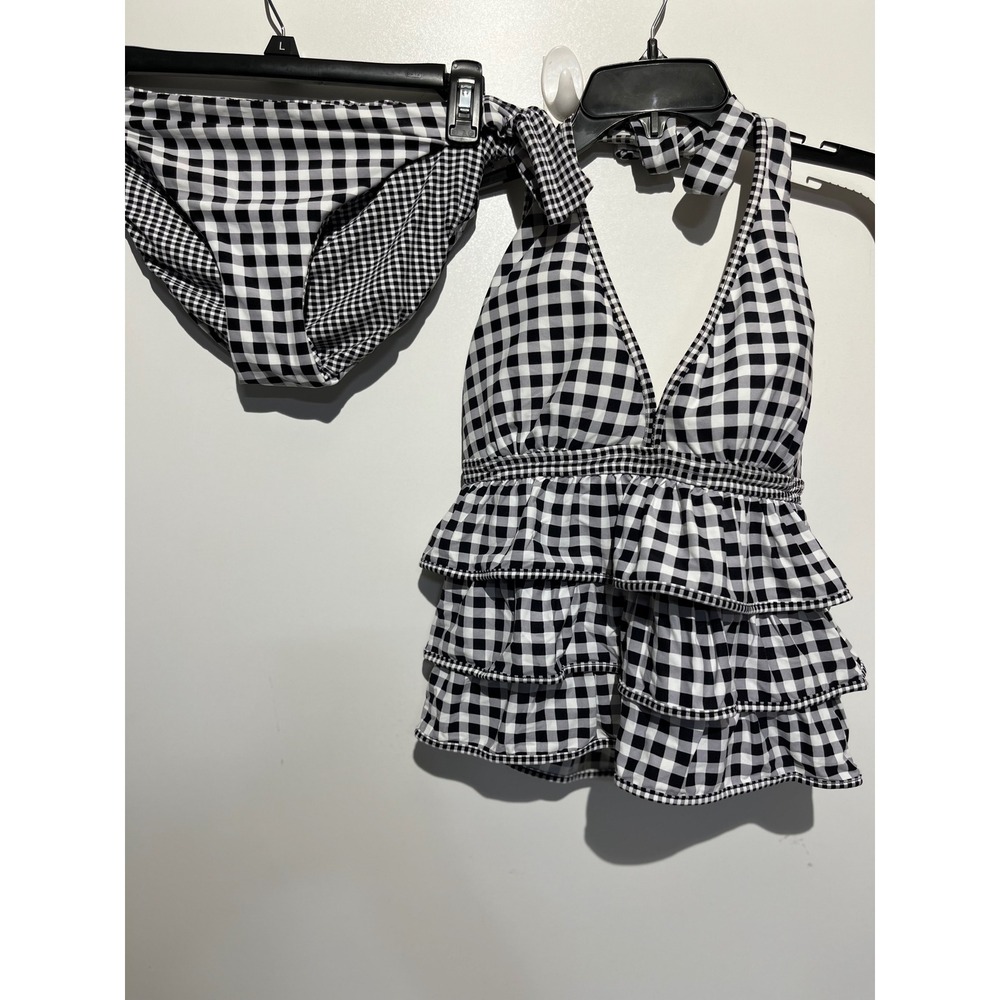 Coco Rave Gingham Ruffle Tankini Set Black White Halter Top L 36DD Bottom XL NEW